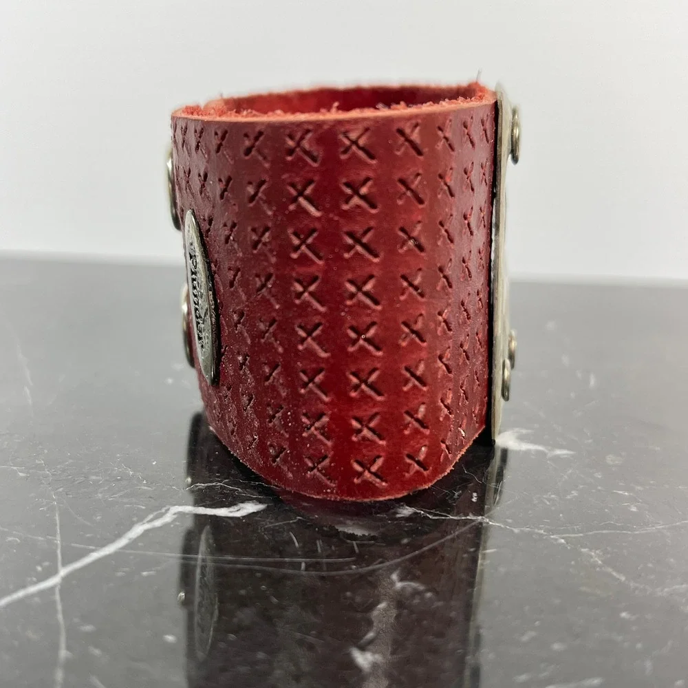 Plunder Red Leather Cuff Bracelet with P‎ Initial Metal Accent Snap Closure